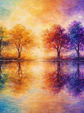 Vibrant Blue & Orange Tree Landscape Art Print – Colorful Reflections Wall Decor